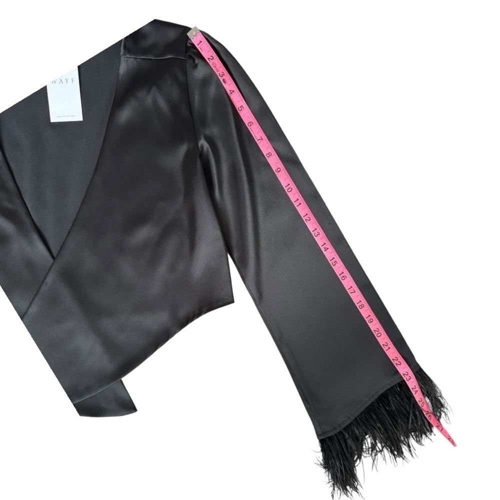 β¨ WAYF Black Satin Feather Cuff Bolero Jacket β Size L (NWT) β¨ - Picture 5 of 7